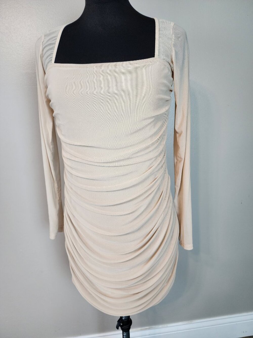 PrettyLittleThing Size 8 Stone Beige Mesh Ruched Bodycon Mini Dress Y2K Club